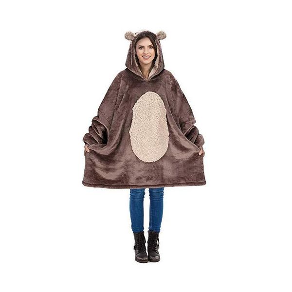 

winter women's thickened composite double sided fleece hooded ears wearable blanket home wear fashion cute printed women hoodies & swea, Black