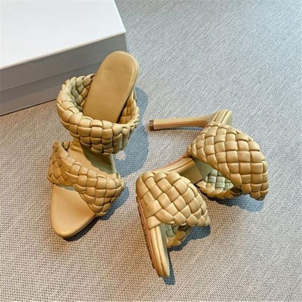 

peep toe handmade braided high heel sandals quality leather luxury runway party women shoes concise design beach slippers, Black