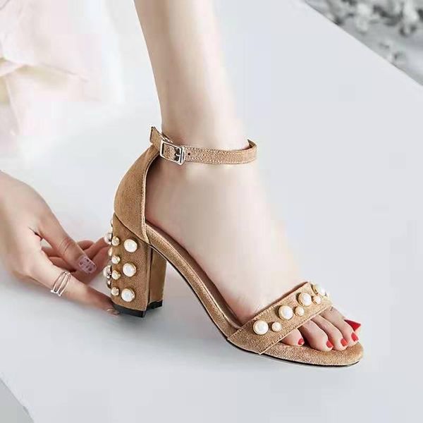 

summer ladies high heels buckle open toe gladiator sandals casual thick heeled pearl pumps plus size 35-43, Black
