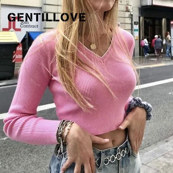 

women's sweaters gentillove fall 2021 crop sweater elegant v neck hit color kawaii cute knitted pullover all-match slim jumpers top, White;black