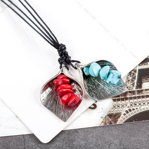 

pendant necklaces women long chain vintage leaf with colored stone jewelry statement & pendants collares mujer choker, Silver