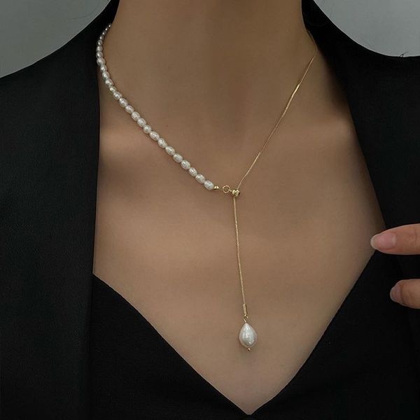 

chokers irregular natural freshwater pearls gold plated chain necklace korean fashion statement simple clavicle jewelry, Golden;silver