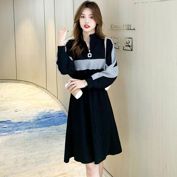 

casual dresses women korean dress fashion one piece autumn spring 2021 office lady korea style patchwork solid rice white traf robe, Black;gray