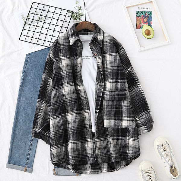 

casual plaid jacket women autumn turn down collar button long sleeve checked oversize thick warm lady coats vintage chic outwear 210412, Black;brown