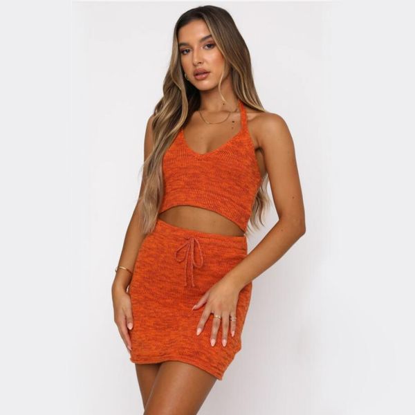 

halter neck two piece sets summer thin sweater dress set women clothing camis+ skirts beach style fashion suits with shorts, White