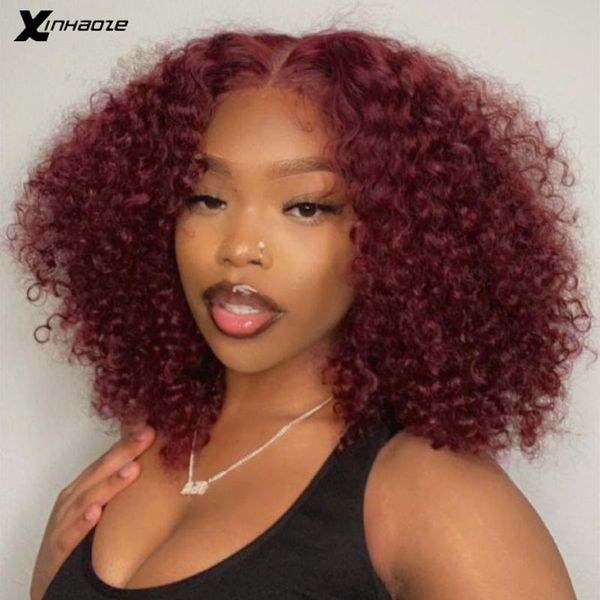

lace wigs 99j burgundy short kinky curly 13x4 front human hair wig red 4x4 closure brazilian remy pre plucked with baby, Black;brown