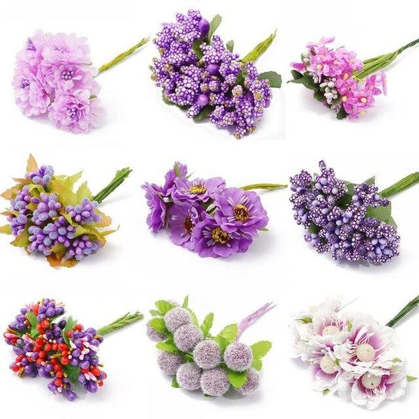 

decorative flowers & wreaths 6/10/12/50/60/70/90pcs purple mixed hybrid flower cherry stamen berries bundle diy cake christmas wedding gift