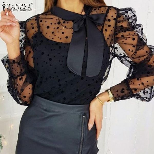 

women's blouses & shirts lace polka dot blouse 2022 summer see through tunic office lady bow patchwork blusa feminina womens fashion, White