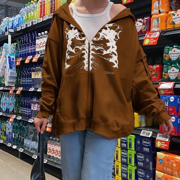 

women's jackets women hooded sweater adults skeleton print long sleeve cardigan with drawstring pocket, Black;brown