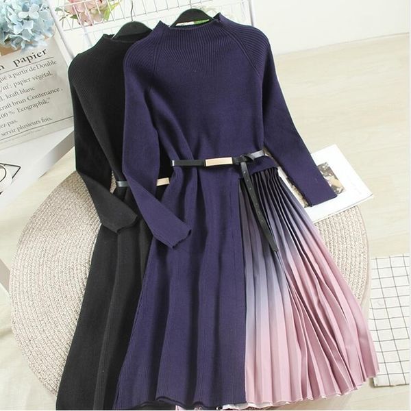 

navy blue o-neck long sleeve sweater dress women knitted spliced spring gradient pleated es black 210525, Black;gray