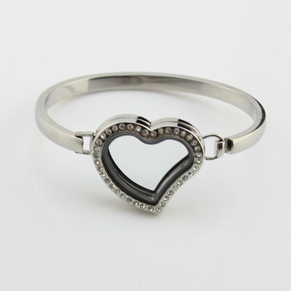 

5pcs stainless steel bangle bracelet with crystal heart glass floating charm locket bangledio chan contact, Silver