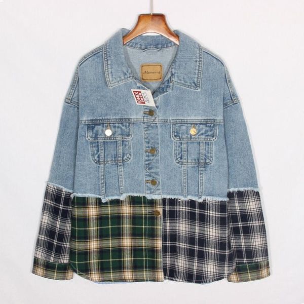 

women's jackets spring autumn denim jacket women plaid shirt splice long jeans female korean fashion plus size loose basic coat outerwe, Black;brown