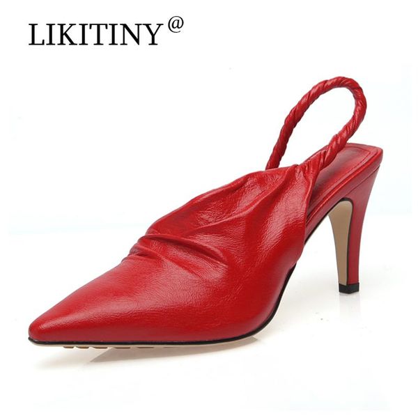 

sandals likitiny 2021 summer genuine leather red white women's shoes cone heels party elegant pointed toe sling back, Black
