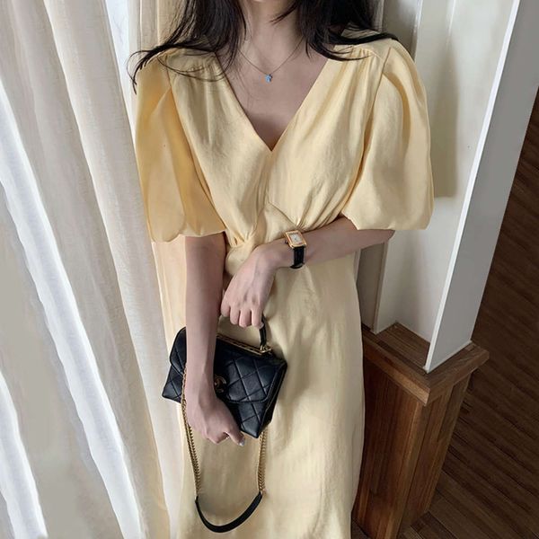 

casual dresses dress women clothesfrench white yellow v-neck pleated high waist slim mid long lantern sleeve 96y0, Black;gray