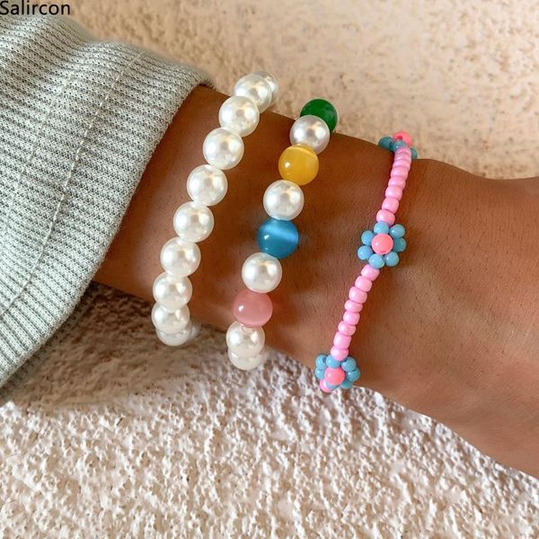 

beaded, strands bohemian plastic seed beads elastic multi layer bracelet on hand women elegant imitation pearls charm flowers jewelry, Black