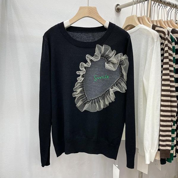 

women's sweaters fashion mesh stitching love letter embroidered sweater for ladies 2021 autumn loose low round neck female, White;black