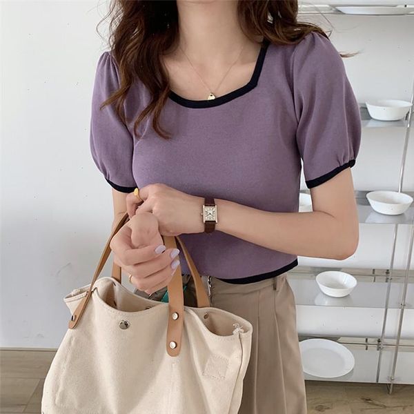 

korean women t shirt streetwear puff sleeve summer crop fashion cute knitted femme camisetas mujer, White