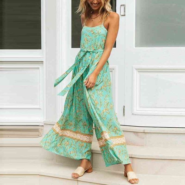 

women's jumpsuits & rompers women summer bohemian sling sleeveless wide leg floral printed long beach swim holiday female 46jc, Black;white