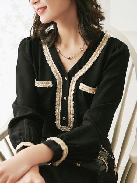 

women's blouses & shirts silk fenghua lace gold chain long sleeve shirt, White