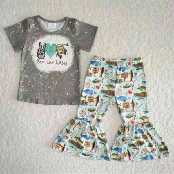 

no moq wholesale boutique kids girls summer short sleeves peace love fishing printed bell bottom pants clothing sets, White