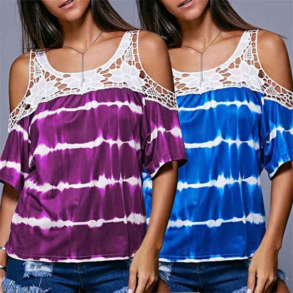 

women's t-shirt casual stripe lace short sleeve off shoulder iy5v, White