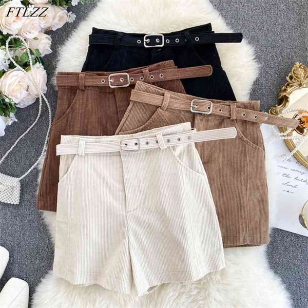 

spring summer women vintage high waist corduroy solid color shorts with belt casual female wide leg balck 210430, White;black