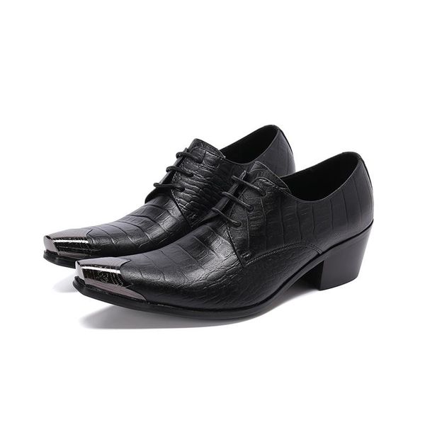 

black oxford shoes men 6cm high heel formal leather lace up dress mens crocodile metal pointed toe party