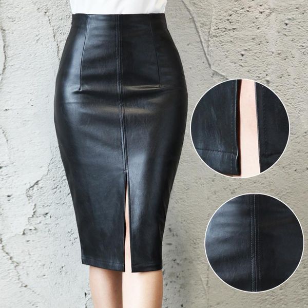 

skirts women faux leather skirt high waist package hip knee length split autumn spring office lady slim pencil plus size 5x, Black