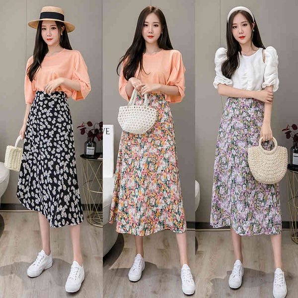 

skirts women floral chiffon spring summer vintage midi long korean flower elastic high waist lady elegant jw8d, Black