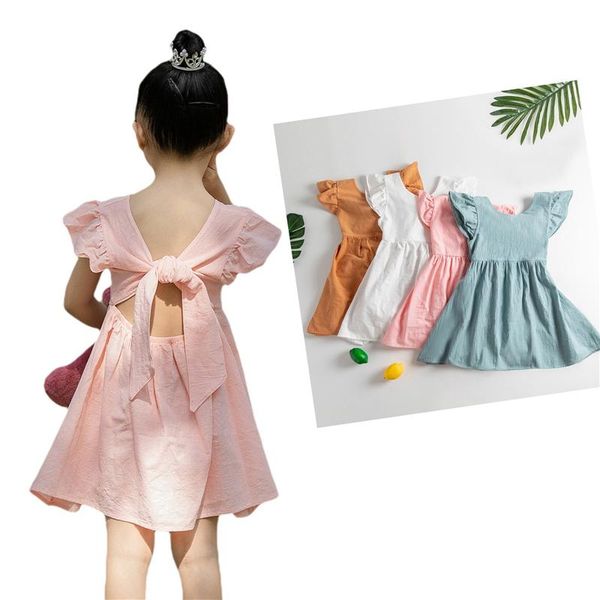 

girl's dresses bowknot cotton linen dress toddler baby girl clothes summer pleated sleeve solid backless children a-line princess vesti, Red;yellow