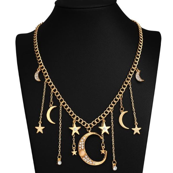 

chokers gold/silver color big moon multi pendant choker necklace for women rhinestone star chain tassel fashion jewelry, Golden;silver
