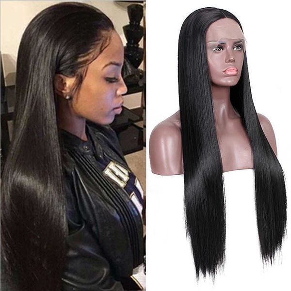 

women's hand woven front women's long straight hair chemical fiber headcover t-shaped lace wig, Black