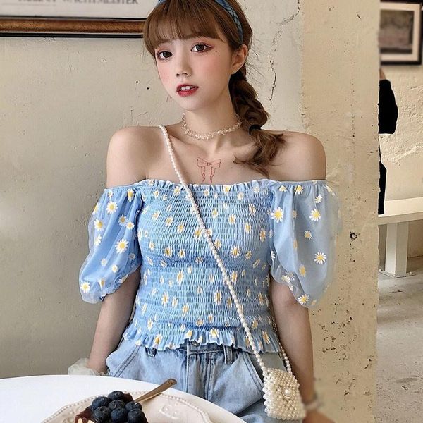 

women's blouse chic daisy print mesh splicing ruched short sleeve exposed navel bare shoulder shirt blouses & shirts, White