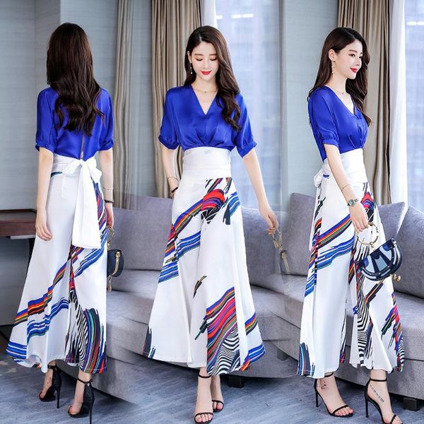 

women's two piece pants chiffon high waist wide leg and elegant v neck blouse set women clothes outfit office lady work pantsuits, White