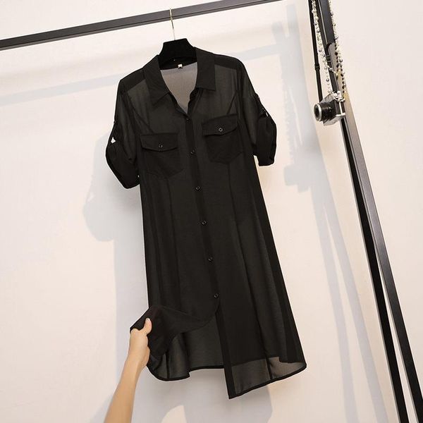 

women's blouses & shirts 2021 plus size 4xl mid-length chiffon sunscreen cardigan black roll sleeve single-breasted summer thin coat aq, White
