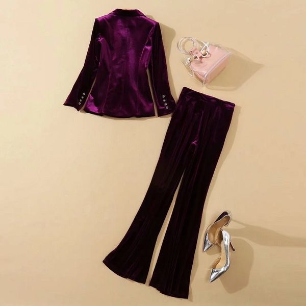 

pants women's autumn winter female double breasted blazer suits+beading button flare leg pant set, White