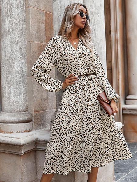 

casual dresses ladies boho leopard dress long sleeve lady autumn office vestidos kobieta sukienka v neck fall 2021 women, Black;gray