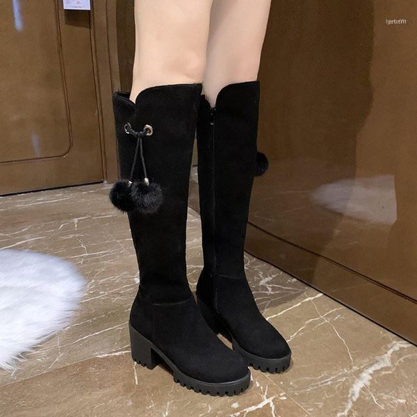 

boots 2021 fashion high-high stretch women's thick round head suede korean version wild thin high-heeled 3511, Black
