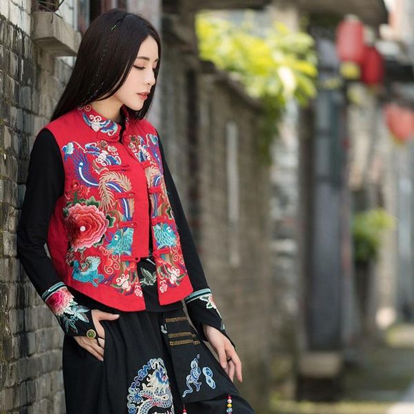 

women's vests 2021 women vintage button flower embroidery vest jacket ladies retro national style patchwork casual cotton waistcoat kk3, Black;white