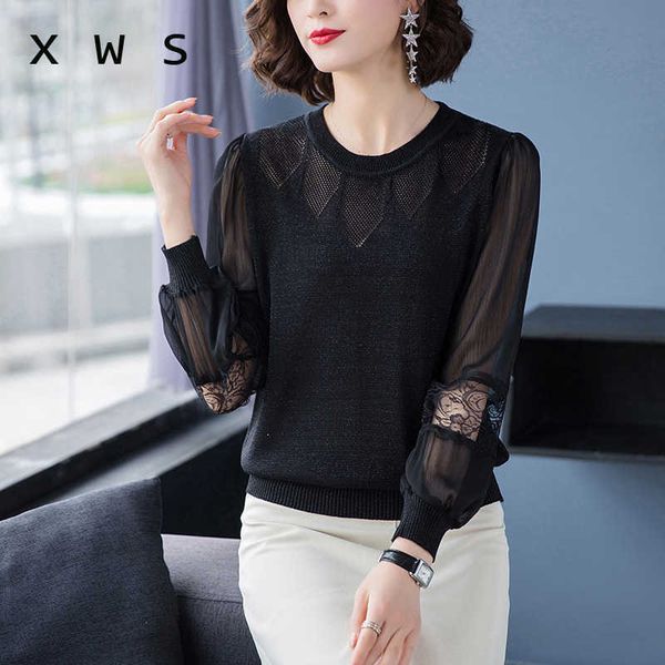 

chic spring autumn thin shiny lurex sweater pullovers women casual o-neck long sleeve loose casual knit sweater female jumpers 210604, White;black