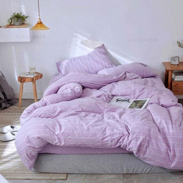 

bedding sets nordic modern winter purple striped bed sheet knitted cotton soft and warm fit set