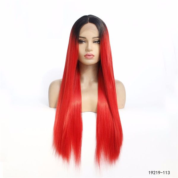 

silky straight synthetic lace front wig 12~26 inches red ombre color simulation human hair wigs 19219-113, Black;brown