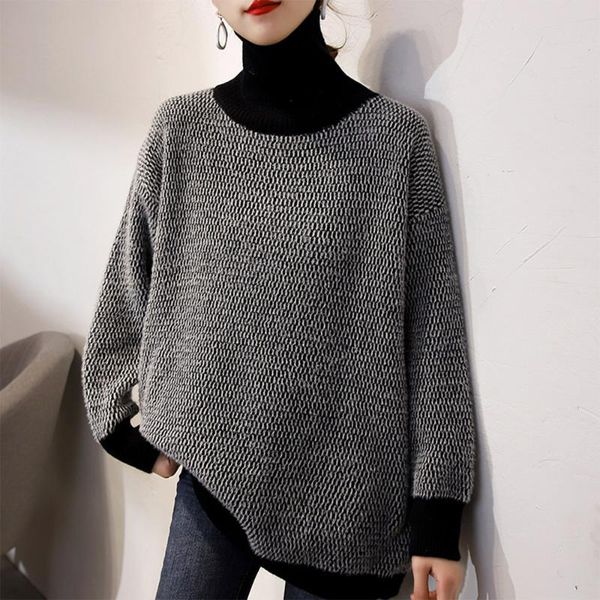 

women's sweaters cashmere sweater women turtleneck color stitching thread loose pullover mid-length office lady outer wear casual simp, White;black