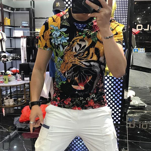 

men's t-shirts 2021 england style fancy t shirt man tiger diamond short sleeve men leisure slim printing summer t-shirt large size, White;black