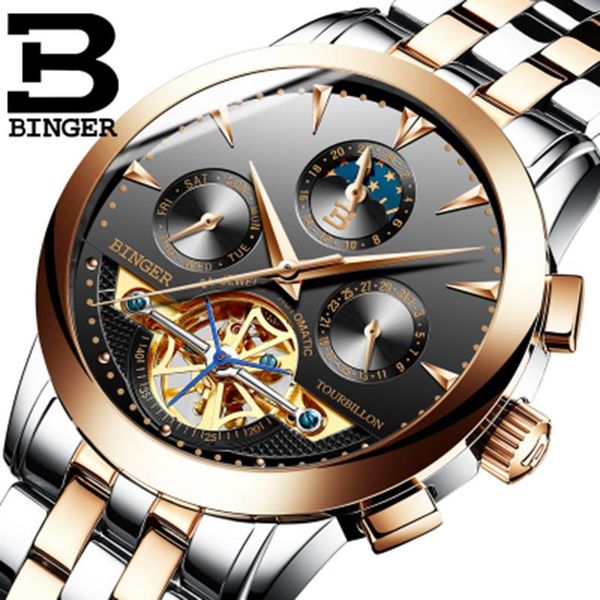 

genuine luxury binger brand men mechanical watch stainless steel automatic male self-wind double hollow fashion tourbillon wristwatches, Slivery;brown