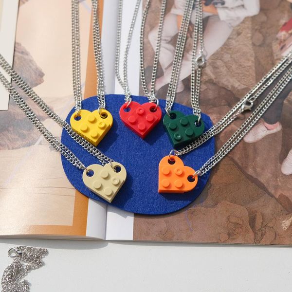 

pendant necklaces 2pcs/set heart-shaped building blocks creative simple lovers friends necklace toy bricks jewelry for girl, Silver