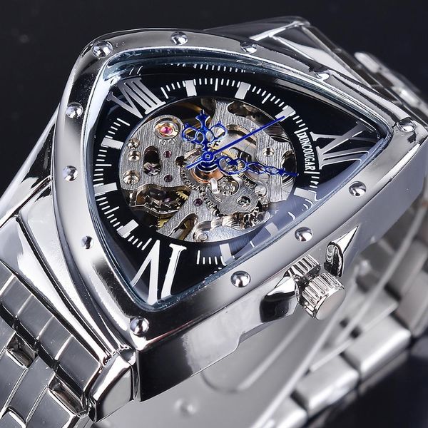 DUNCOUGAR Dreieck Skeleton Zifferblatt Automatische Uhr Schwarz Silber Edelstahl Wasserdichte Mechanische Uhr Top Marke Männer Uhr