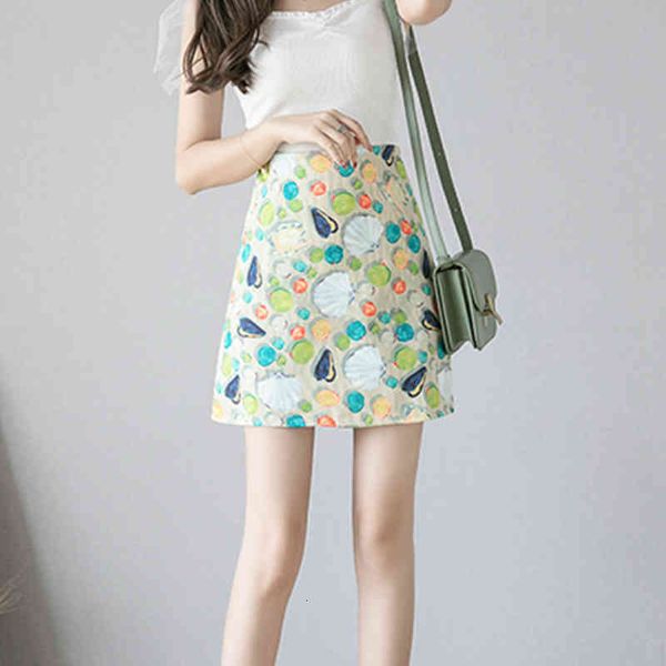 

skirts sweet floral short green sea shell printed a-line mini skirts skorts, Black