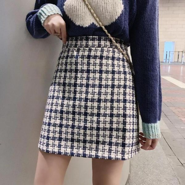 

spring autumn women woolen plaid mini female high waist one-step short skirt lady slim a-line with lined shorts, Black