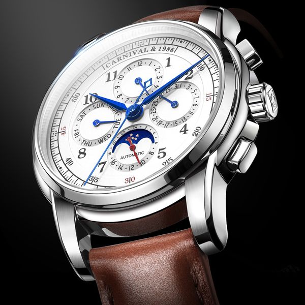 

carnival watches men automatic mechanical luxury trademark relogio masculino saffier moon phase herenhorloge c-8781-3, Slivery;brown